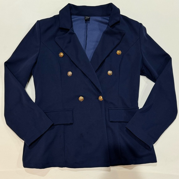 SHEIN Navy Blue Double Breasted Blazer w Gold Buttons & Notch Collar Size L - Picture 2 of 12